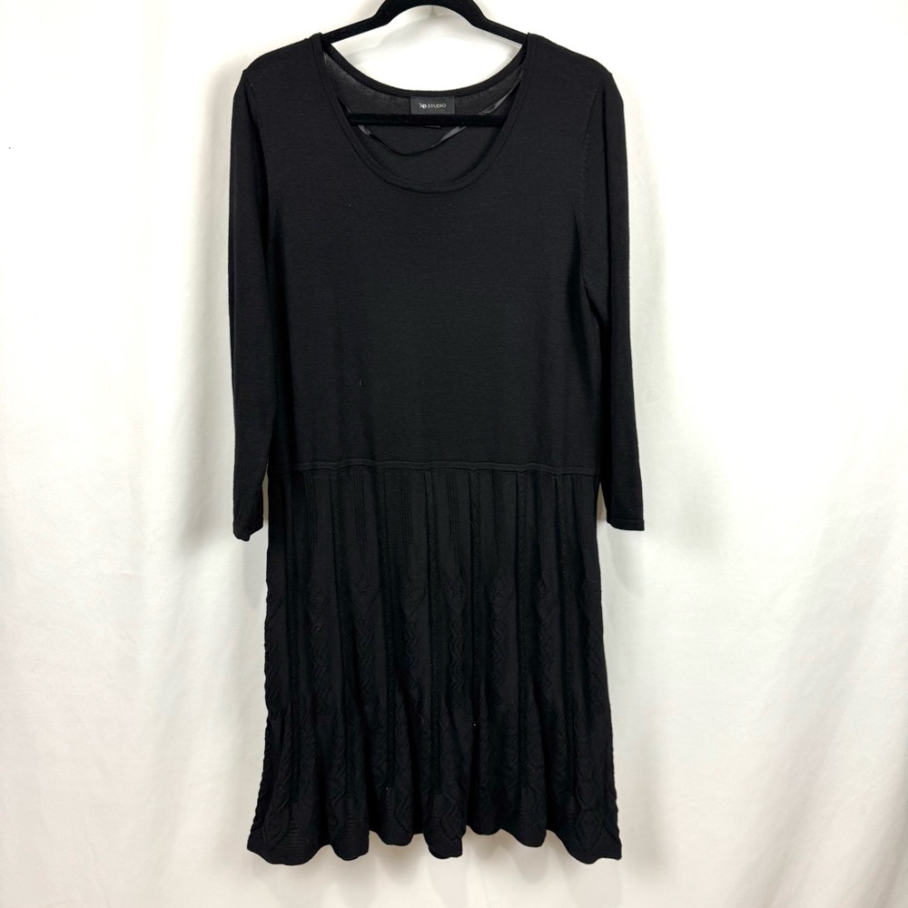 AB Studio Fit & Flare Women's XL Black Pleated Sweater Dress 3/4 Sleeve Rayon